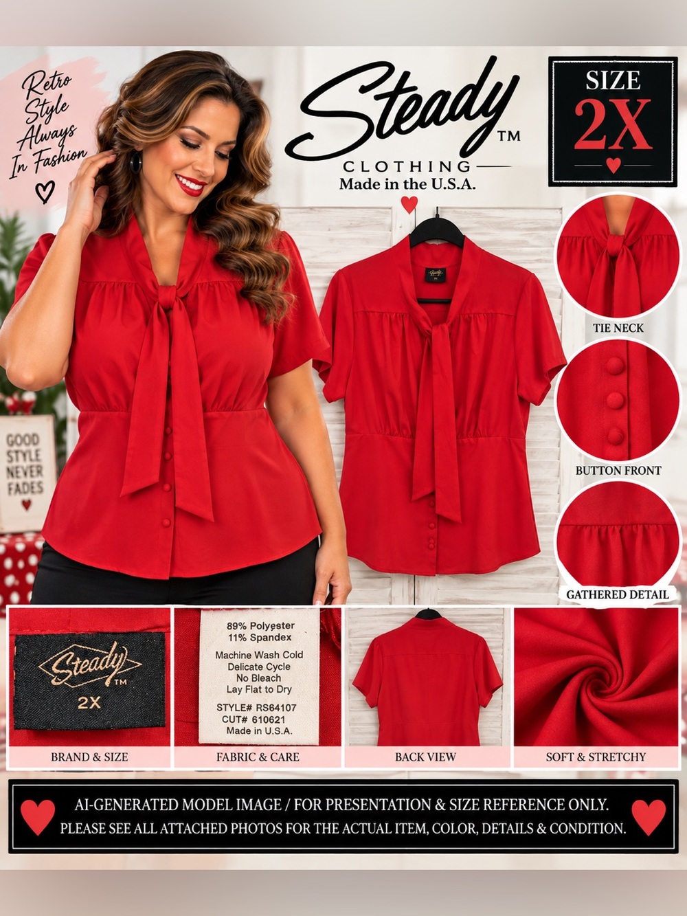 Steady Clothing Red Tie Neck Button Front Retro Blouse 2X